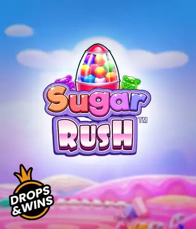 Изображение игрового автомата Sugar Rush от Pragmatic Play, демонстрирующее волшебный мир конфет и сладостей. На переднем плане видны символы в виде конфет и желейных мишек, окруженные яркой атмосферой. В верхней части расположен логотип игры Sugar Rush, подчеркивающий сахарную тематику игры.